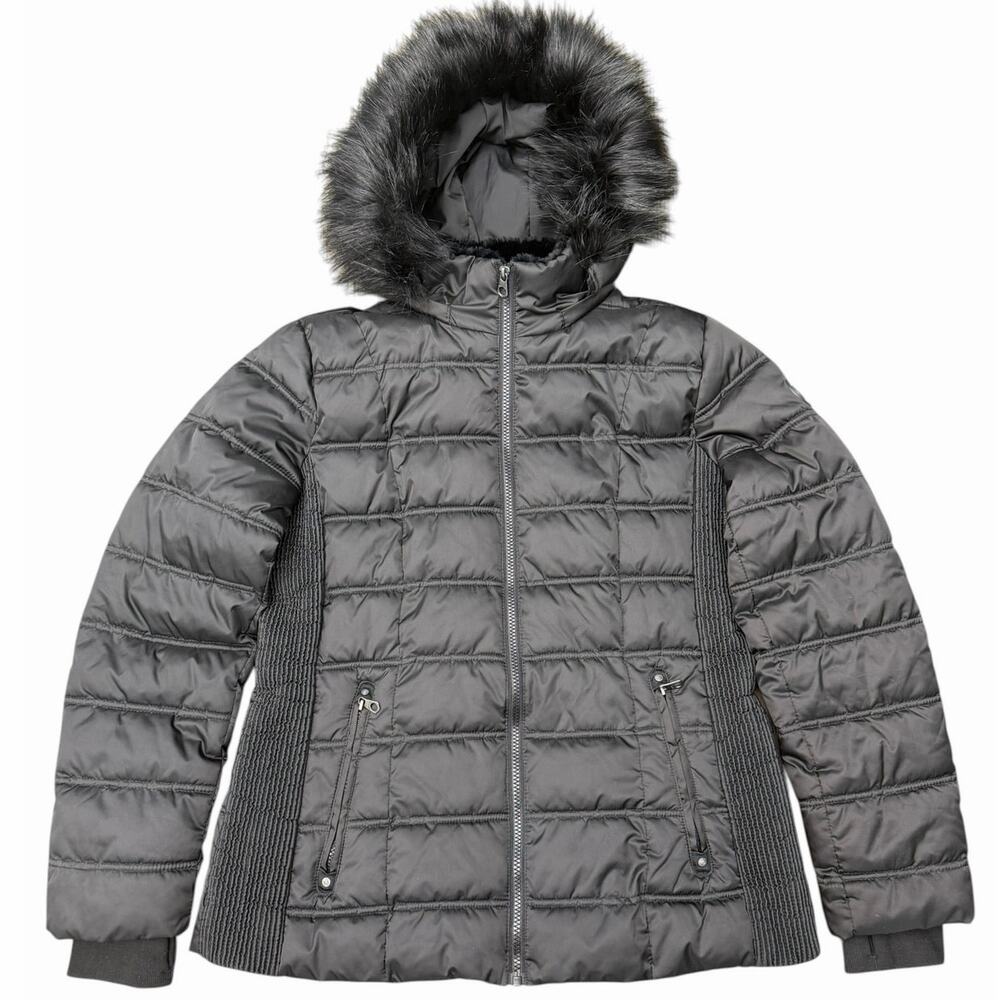 Nautica Puffer Jacket Faux Fur Hood Black Women’s L Water Resistant